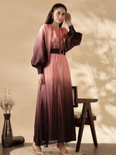Yezwe Ombre Maxi Dress with Buckle Belted Waist and Balloon Sleeves - Modest Wear